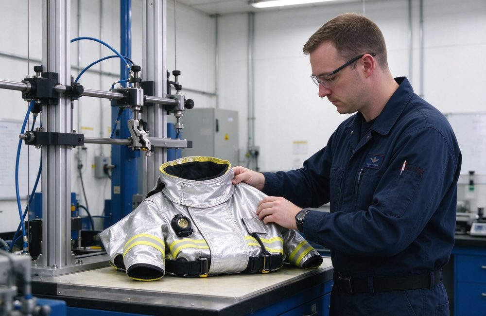 Flat-lay view of silver aluminized fire proximity suit radiant heat and flame testing in laboratory with certificate document for standards compliance confirmation before fire proximity suit export shipment