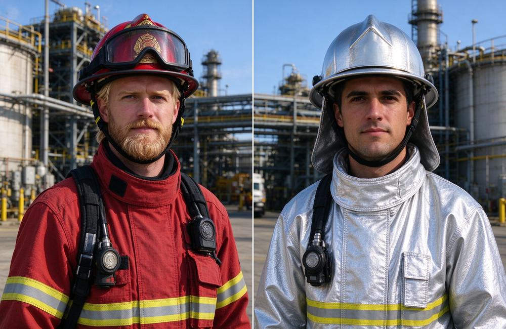 Side-by-side view of side by side comparison of silver aluminized fire proximity suit and turnout gear for radiant heat protection differences and fire fighting apparel selection for industrial fire teams and wholesale buyers