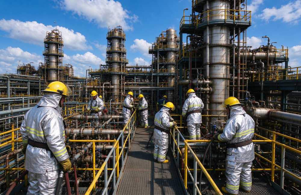 Night-time view of refinery turnaround hot work with crew wearing aluminized fire proximity suits for radiant heat protection during plant maintenance shutdown operations
