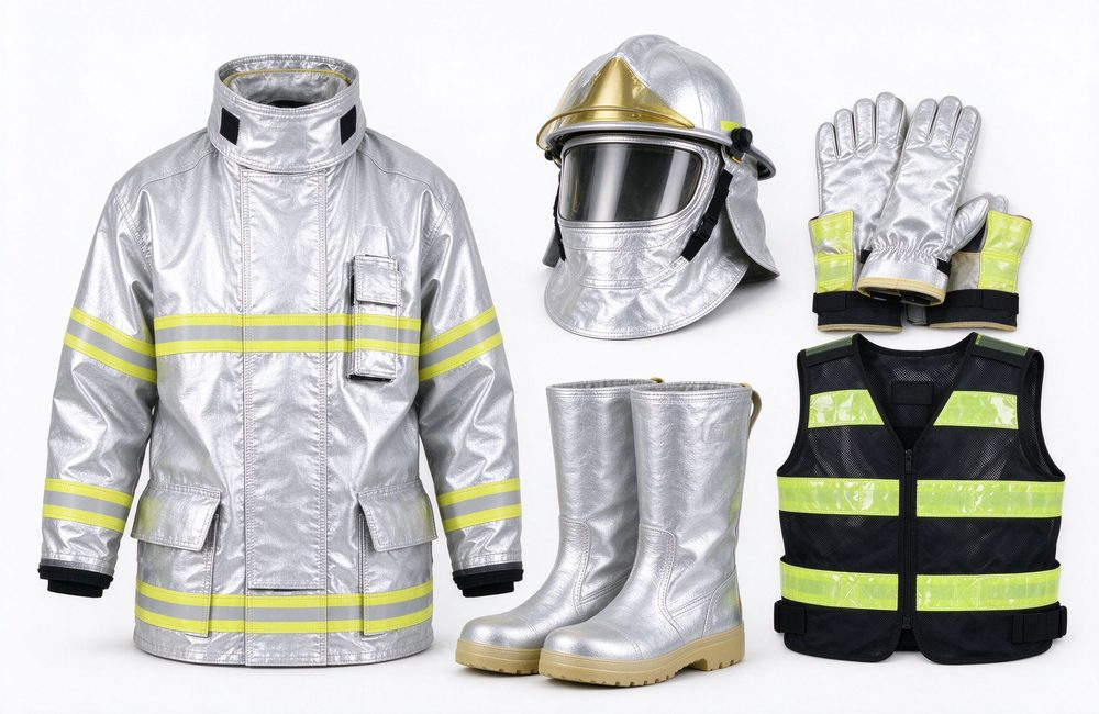 Close-up view of complete silver aluminized fire proximity suit kit with hood gloves and boots ensemble for radiant heat protection full protection package and industrial fire safety compliance