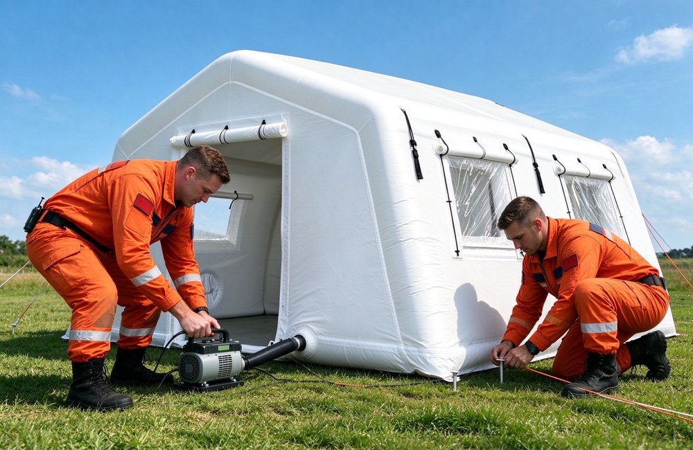 Quick deployment of inflatable emergency shelter by rescue workers using electric air pump for rapid setup disaster response humanitarian relief operations