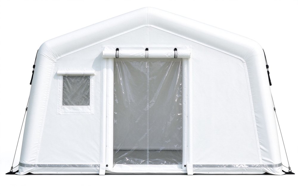 Structure detail closeup of inflatable emergency shelter with PVC air columns zippers doors windows reflective strips for durable disaster relief temporary housing