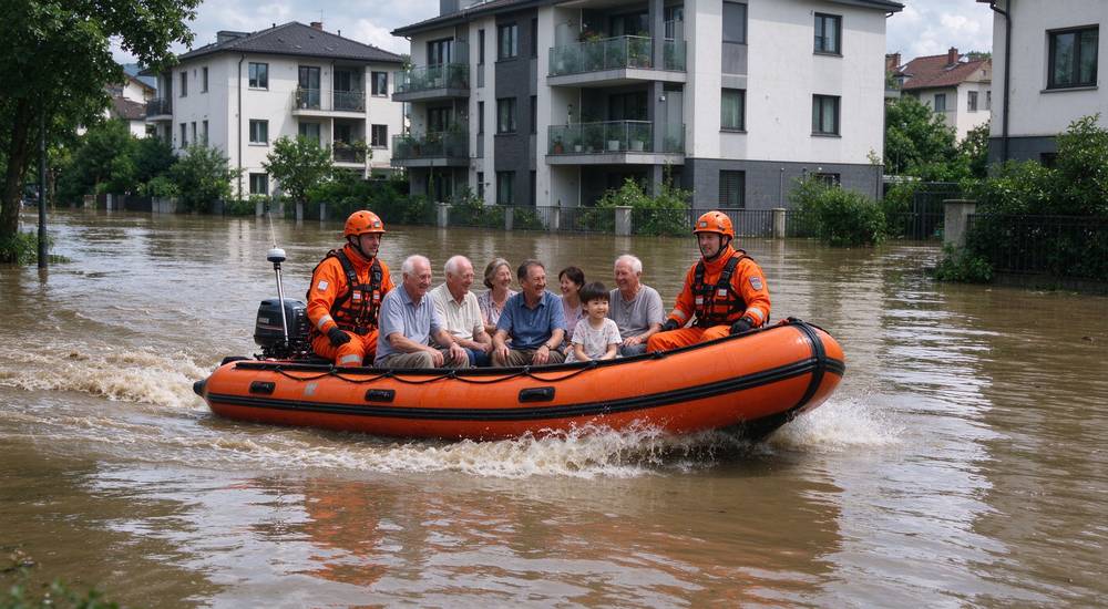 Orange inflatable rescue boat navigating through flooded urban street during emergency flood rescue operation with professional rescuers evacuating trapped residents from submerged buildings using rescue watercraft