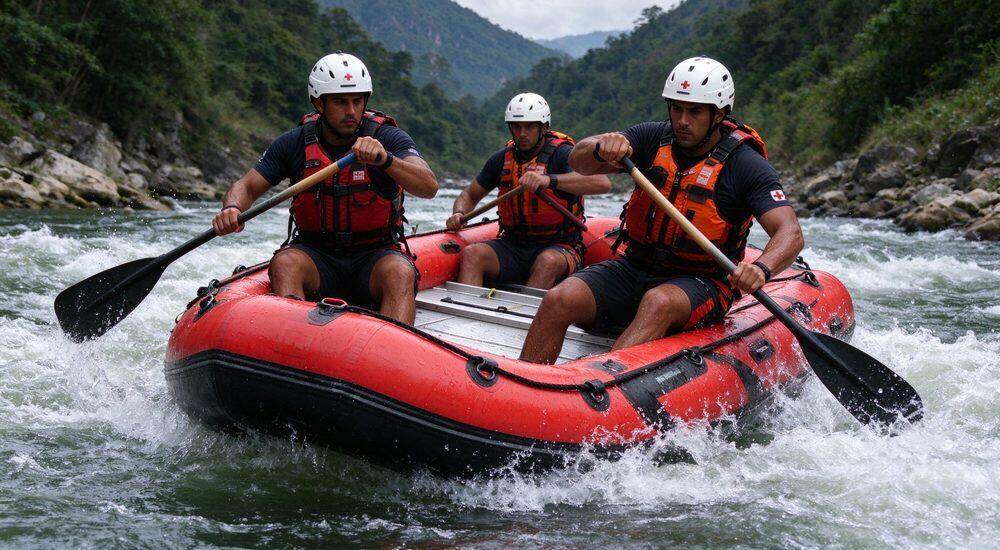 Whitewater rescue boat with diverse professional rescue team navigating turbulent rapids using self-bailing inflatable rescue raft in swiftwater emergency operation with full safety gear for water response