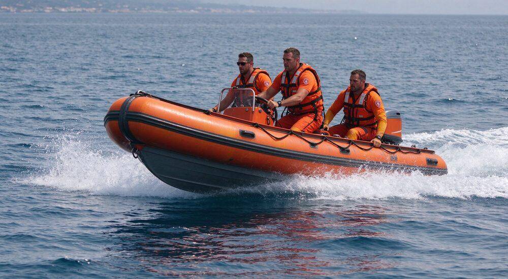 Orange rigid inflatable boat RIB equipment shown on open water with male rescue crew patrolling coastal waters demonstrating maritime rescue vessel capability and endurance in rough seas