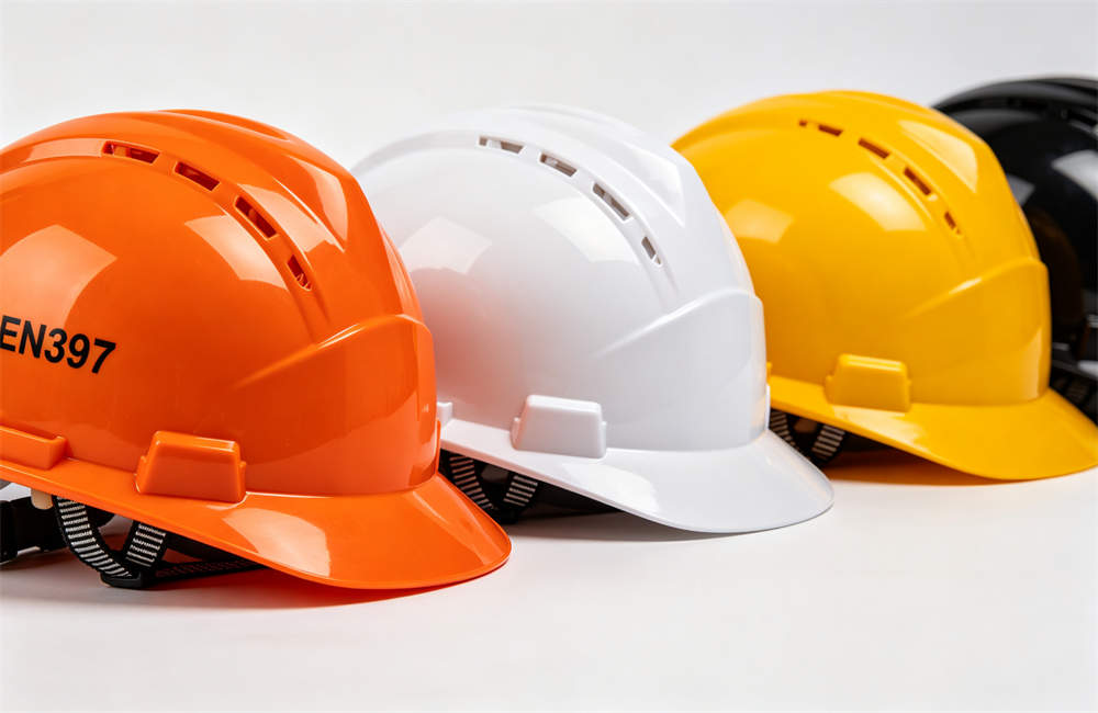 Close up of multi color safety helmets lined up showing different options for bulk buyer selection today now now now for bulk tornado emergency kit procurement and wholesale NGO relief orders today now