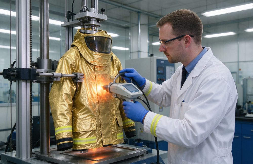 Flat-lay view of carbon fiber fire entry suit standards and certification documentation showing extreme heat protection levels for fire entry suit export compliance and quality verification