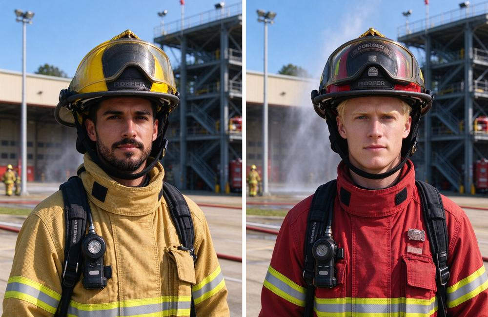 Split-view view of carbon fiber fire entry suit versus proximity suit comparison in table scene showing working time limits for extreme heat entry operations and radiant heat task planning