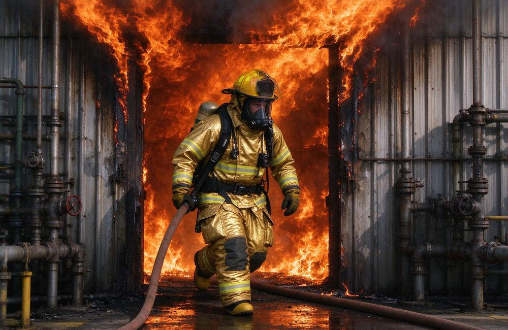 Night-time view of fire entry suit back view showing reflective strips for extreme heat protection visibility and fire entry suit safety equipment design
