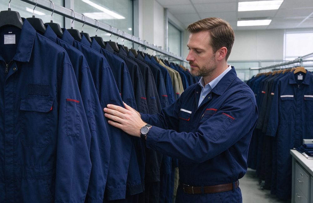 Wide-angle view of fR coveralls worker in warehouse stacking cartons for flame resistant workwear logistics and FR coveralls bulk distribution preparation during shift operations for workplace safety compliance