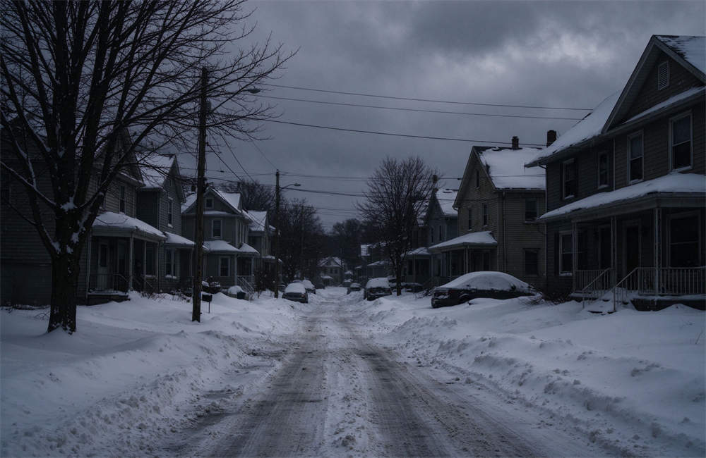 Snowy residential neighborhood with all houses completely dark after a winter storm power outage, overcast gray sky, illustrating why power outage preparedness is critical