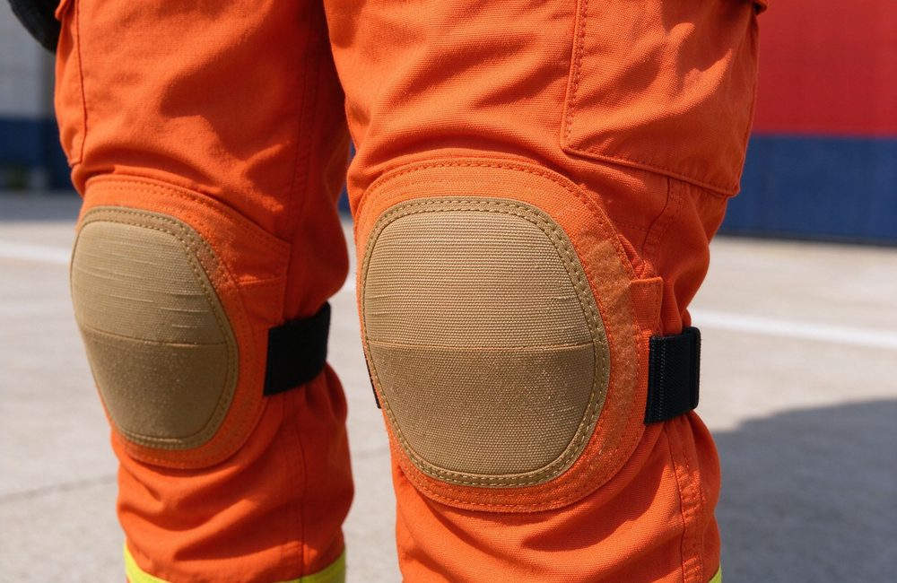 Side view of rescue suit knee pad reinforcement close view for technical orange with yellow reflective trim rescue clothing durability and rescue clothing wear protection at rough work sites