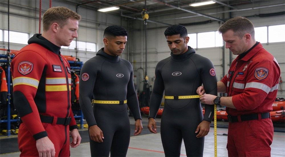 PFD fit testing with overhead reach demonstration showing proper jacket fit and strap adjustment for water rescue team member before deployment