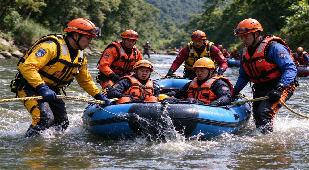 Professional swiftwater rescue team conducting live training drill in turbulent river conditions practicing rope rescue techniques and PFD usage Professional swiftwater rescue team conducting live training drill in turbulent river conditions practicing rope rescue techniques and PFD usage
