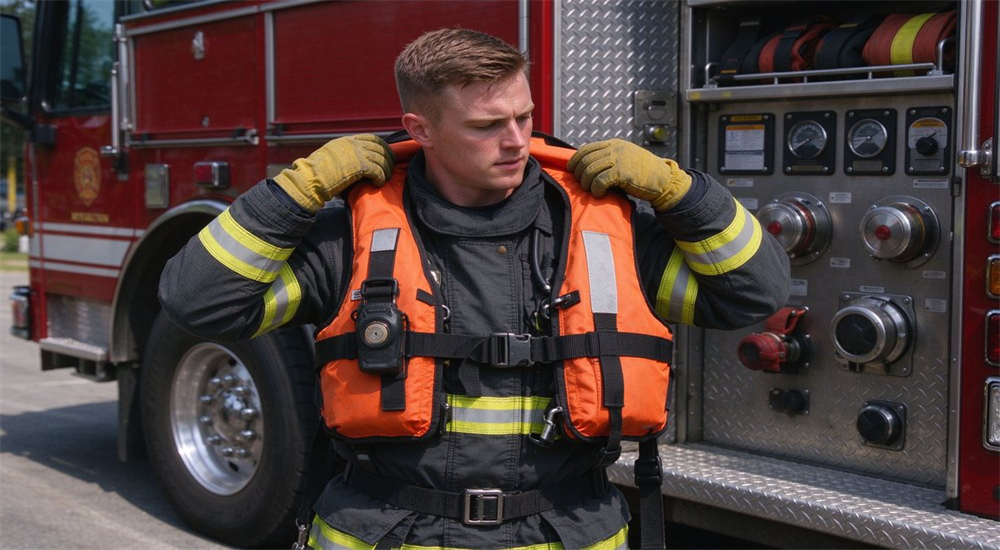 Firefighter in fire protective suit dons high‑visibility orange water rescue life vest next to fire truck