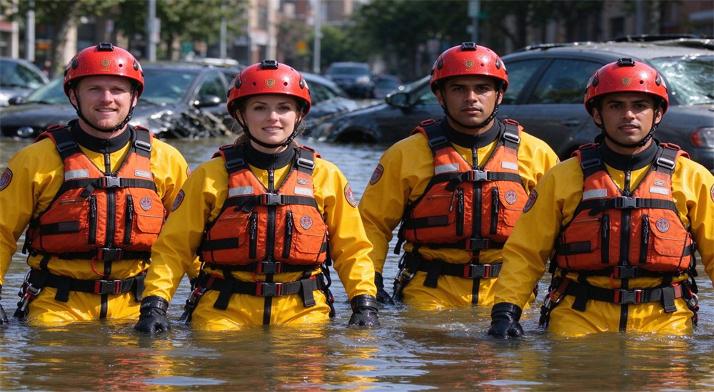 Professional flood rescue team operating in urban flood water environment with PFDs helmets and dry suits conducting civilian evacuation during emergency response