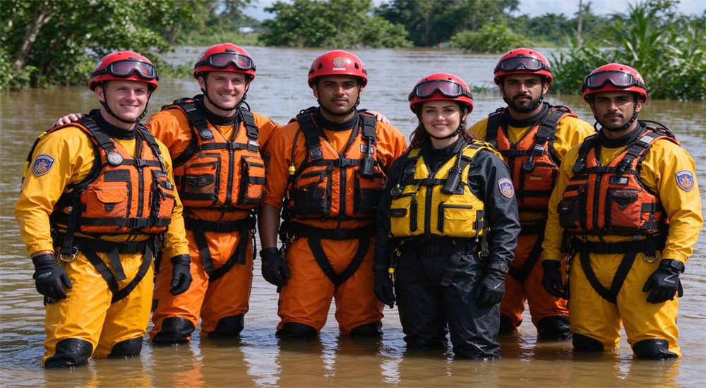 Six member flood rescue team fully equipped with PFDs helmets dry suits and communication gear ready for emergency response deployment