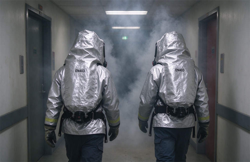 Back view of two emergency responders wearing silver fire proximity suits and breathing apparatus, moving forward in a smoke-filled building corridor during fire rescue drill