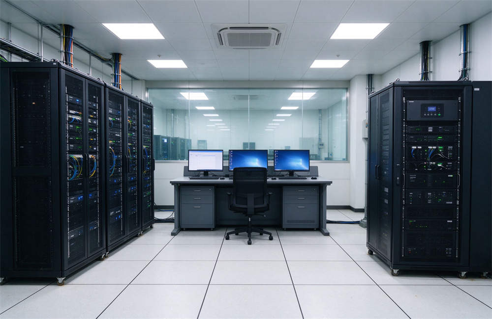 Clean modern factory control room with server racks, UPS power supply cabinet, clean bright lighting, professional industrial interior, no rust or damage