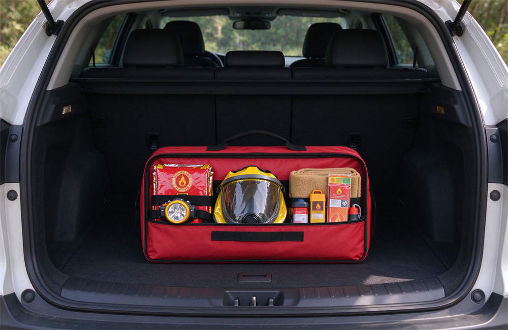 Car trunk open, bright red emergency kit bag sitting in center, fully visible, containing fire blankets, smoke hoods, headlamps, wool blankets, wildfire emergency supplies
