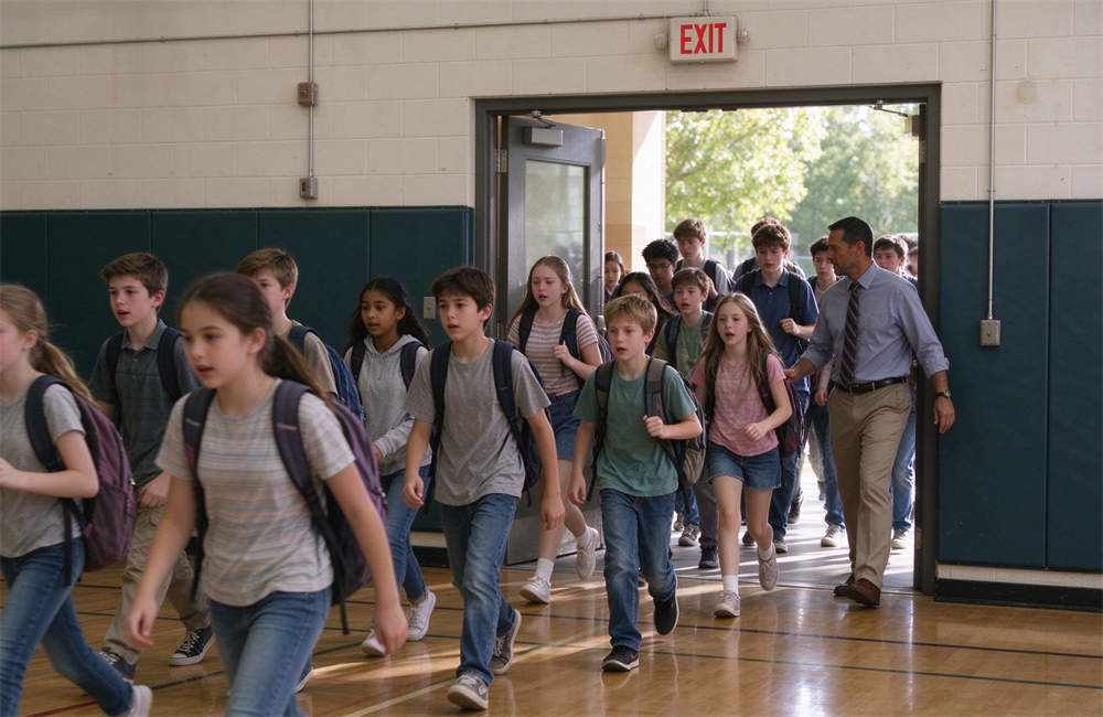 Diverse group of school students evacuating through gymnasium exit, mixed genders, different ages, teacher opening exit door, bright natural light