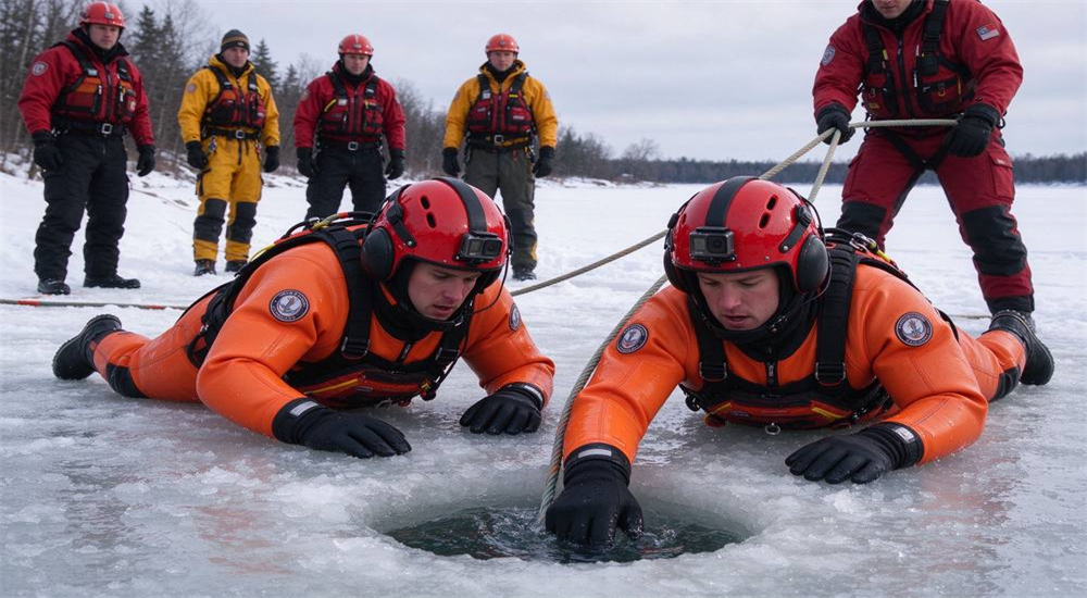 Water rescue helmet with red shell side rails face protection ear pads and anti-fog visor shown alongside ice rescue suit hood demonstrating compatibility for cold water operations
