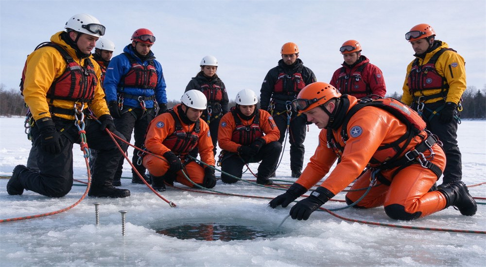 Ice rescue training instructor demonstrating techniques to team with equipment donning safety procedures and winter training environment for professional certification program