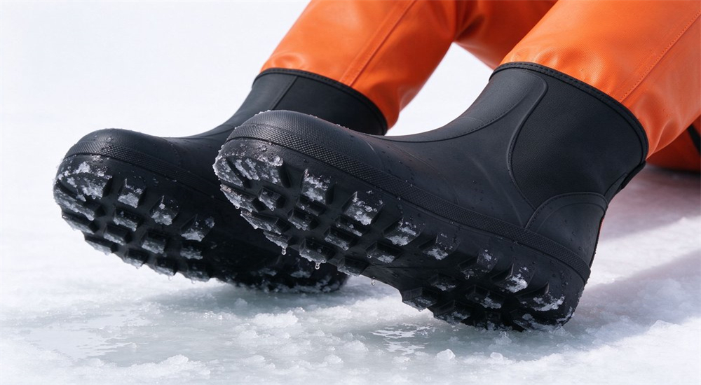 Anti slip rubber boot sole lug tread detail of ice rescue suit showing aggressive tread pattern and steel spike cleat option for maximum traction on frozen ice surfaces