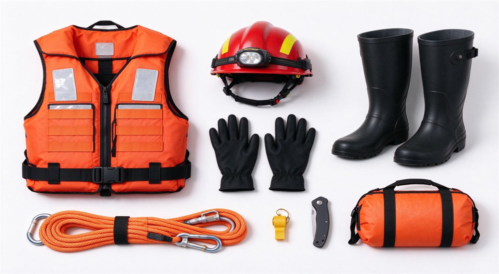 Complete coastal rescue personal protective equipment PPE flat lay showing life jacket helmet gloves boots knife whistle and safety gear organized for inspection and government procurement review