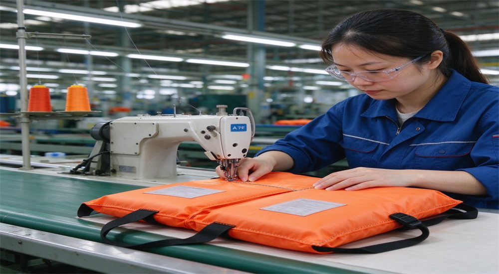 Factory quality control worker inspecting life jacket stitching and construction during manufacturing quality assurance process for maritime safety equipment and corrosion protection standards