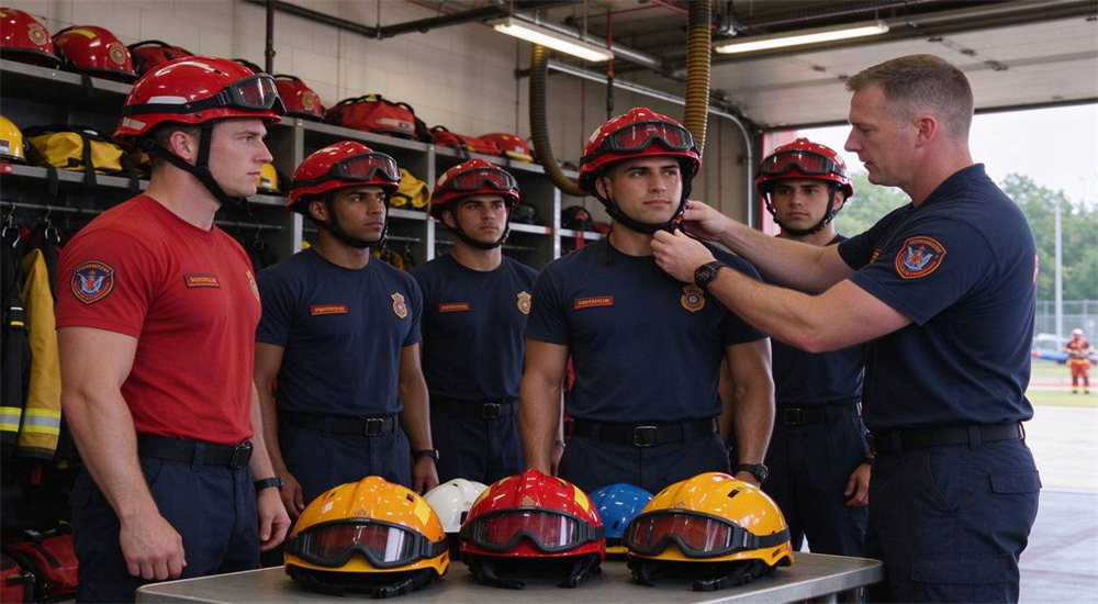 Rescue team members fitting and sizing helmets and personal protective equipment during training session ensuring proper fit and equipment familiarity for professional maritime rescue operations