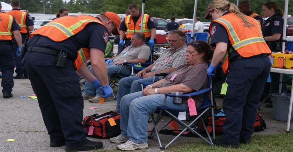 Wide view of outdoor mass casualty triage area with red white blue tarps and responders in orange vests showing START triage system