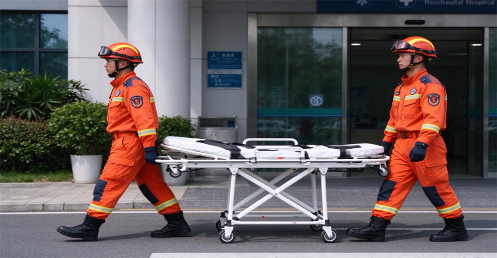 Wide view of two responders carrying patient on wheeled stretcher at mass casualty scene showing patient transport