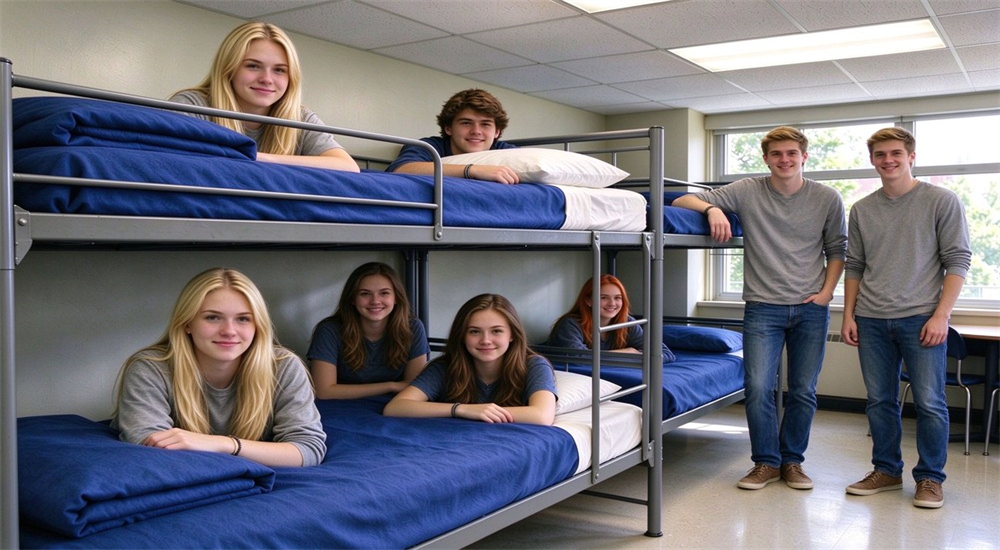 School dormitory bunk beds styled with blue bedding in a live boarding house scene for wholesale school dormitory supplies, showing mattress, pillow and sheet layering for comfortable student rooms School dormitory bunk beds styled with blue bedding in a live boarding house scene for wholesale school dormitory supplies, showing mattress, pillow and sheet layering for comfortable student rooms