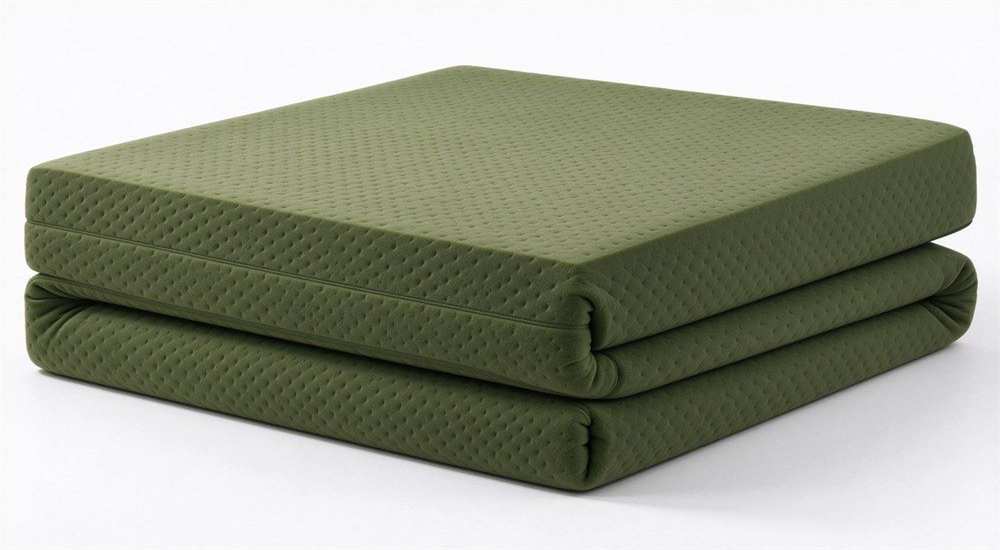 Olive green foam school mattress folded for school dormitory mattress supply, showing roll-up foam construction for compact storage and transport in wholesale school mattress orders