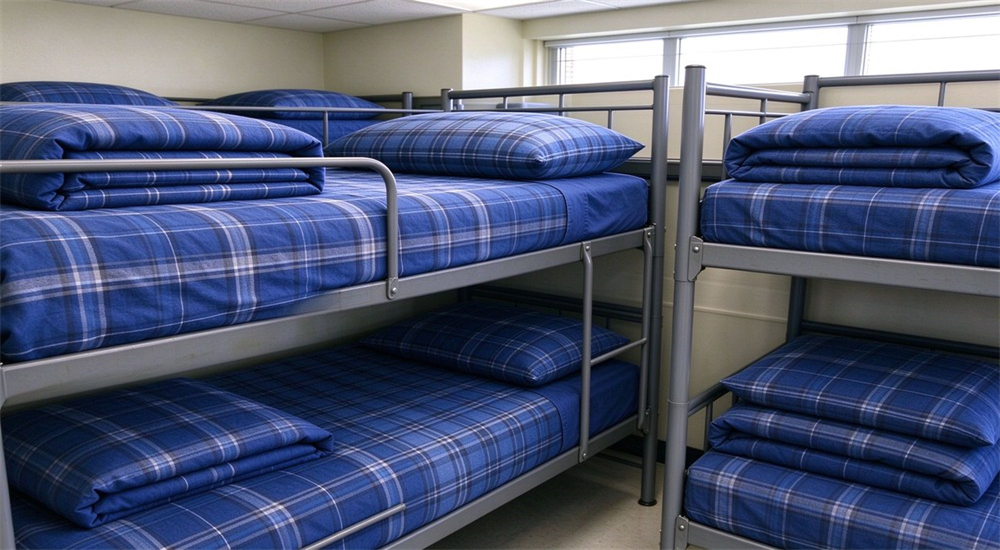 Multiple sturdy metal bunk beds with neatly folded blue plaid bed linens inside dormitory living quarters