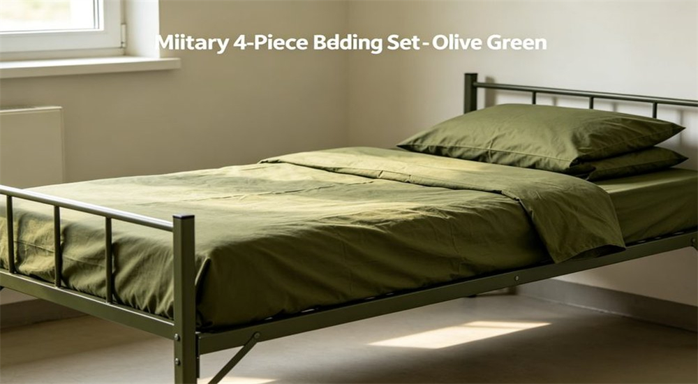 Olive green four piece military bedding set arranged neatly on a cot for military bedding wholesale supplier catalog with sheets pillowcase and duvet cover for wholesale orders Olive green four piece military bedding set arranged neatly on a cot for military bedding wholesale supplier catalog with sheets pillowcase and duvet cover for wholesale orders