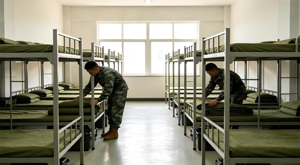 Military barracks dormitory with olive green bedding sets on multiple bunks for wholesale military textiles supplier army bedding procurement for institutional procurement and wholesale pricing Military barracks dormitory with olive green bedding sets on multiple bunks for wholesale military textiles supplier army bedding procurement for institutional procurement and wholesale pricing