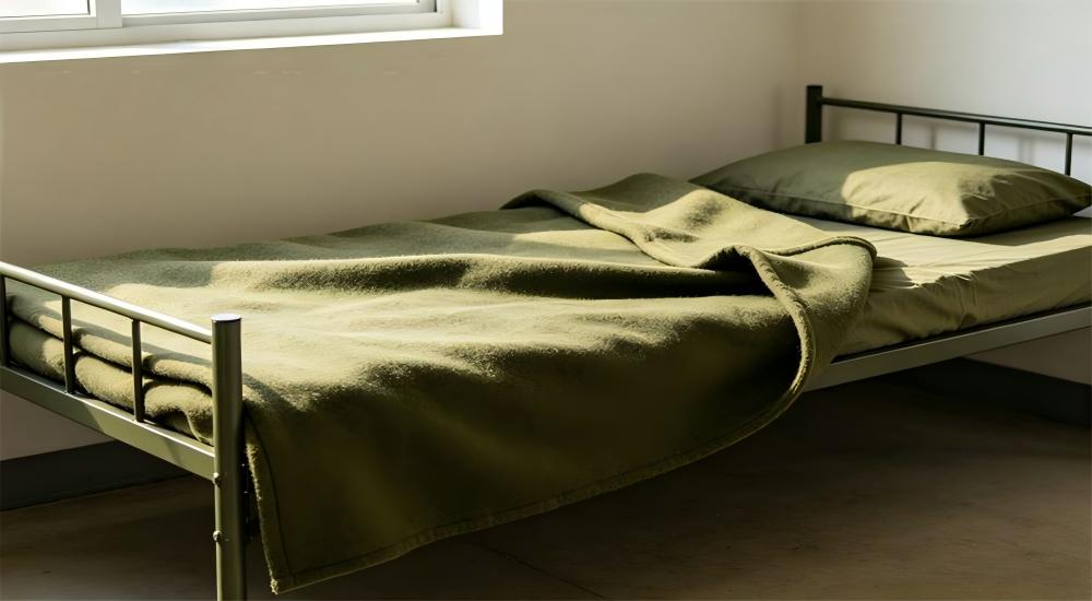 Navy blue military wool blanket displayed on a cot for army wool blanket wholesale catalog listing for wholesale military blankets catalogue and tender reference Navy blue military wool blanket displayed on a cot for army wool blanket wholesale catalog listing for wholesale military blankets catalogue and tender reference
