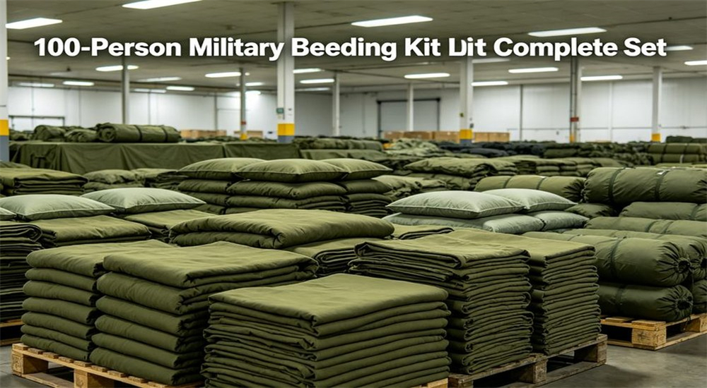 Warehouse of one hundred person military bedding kit cartons for military textiles bulk procurement logistics for military textiles bulk procurement and warehouse deployment