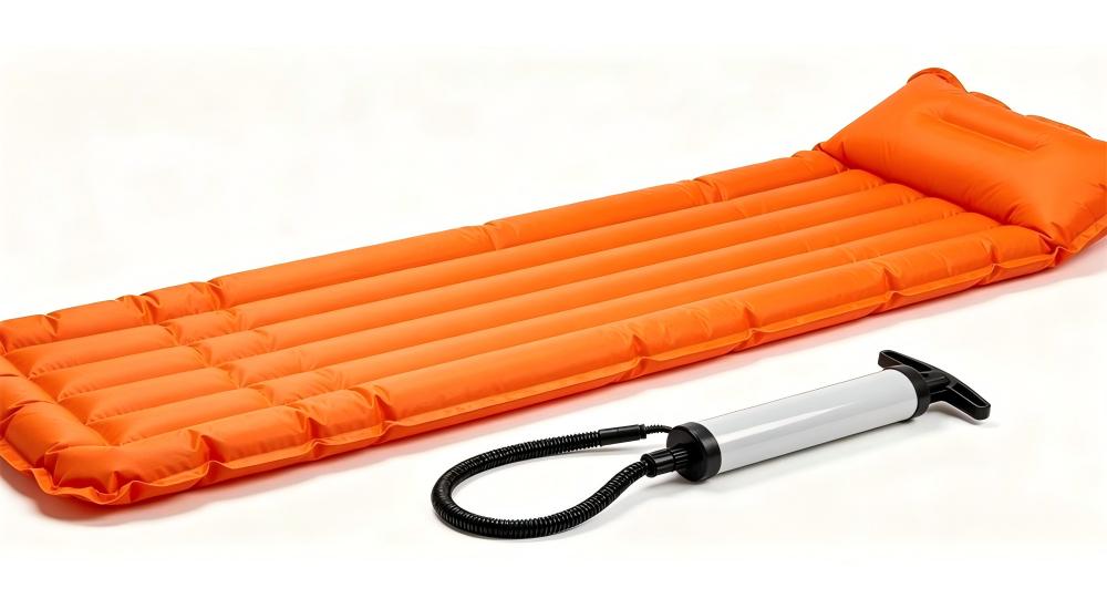 Orange inflatable air mattress with hand pump, portable air sleeping mat for emergency shelter Orange inflatable air mattress with hand pump, portable air sleeping mat for emergency shelter