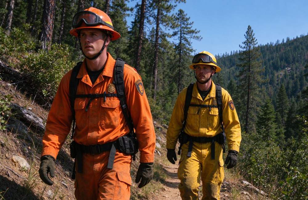 Night-time view of wildland firefighter in orange and yellow high visibility clothing for forest fire suit visibility and wildland fire gear team coordination