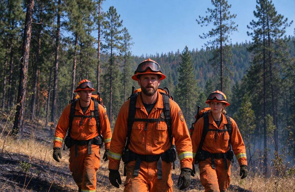 Wide-angle view of forest fire suit collar and cuff seal detail for orange with yellow trim wildland firefighting clothing ember protection and wildland fire gear closure quality