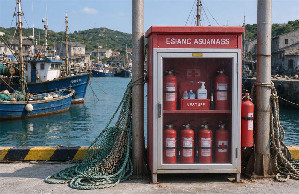 Fishing village dock with emergency supplies station, realistic photography, dock worker safety equipment for coastal evacuation. Fishing village dock with emergency supplies station, realistic photography, dock worker safety equipment for coastal evacuation.