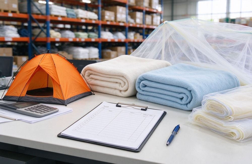 Bright procurement desk with relief supply checklist, warehouse cartons and sample blankets, showing bulk relief procurement planning for African programs