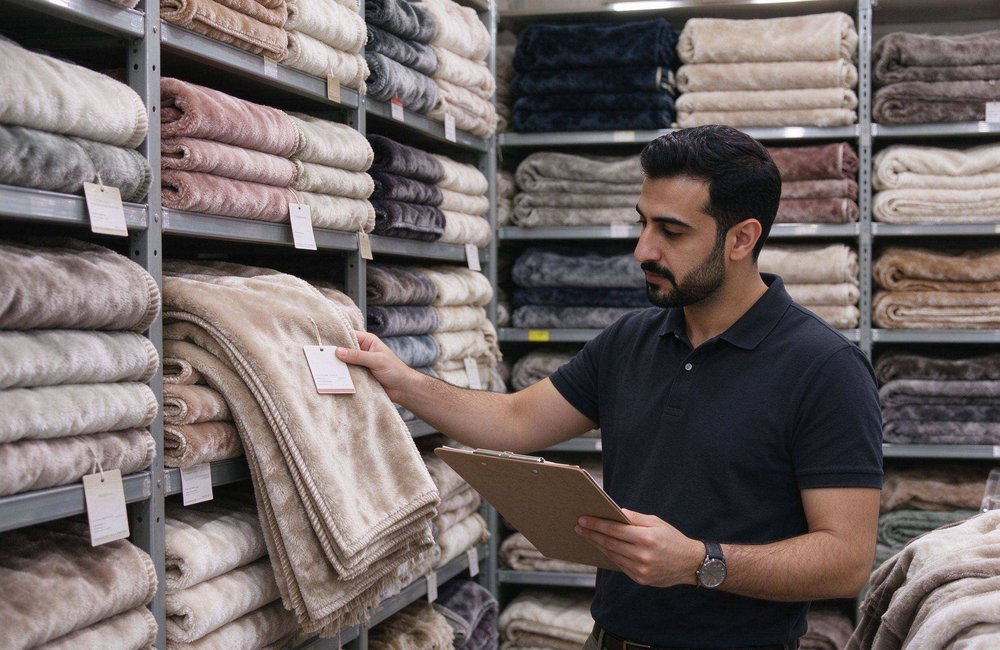 Three procurement team members in plain grey workwear standing in a relief warehouse, touching and discussing folded blue blanket samples beside stacked bales and tent cartons, showing bulk relief procurement team work
