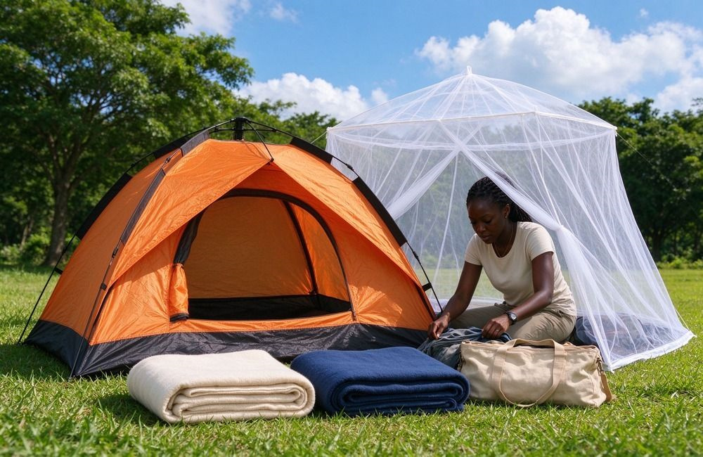 Complete relief kit laid out with blankets, tent, mosquito net and hygiene items on a bright surface, showing relief supplies checklist product composition