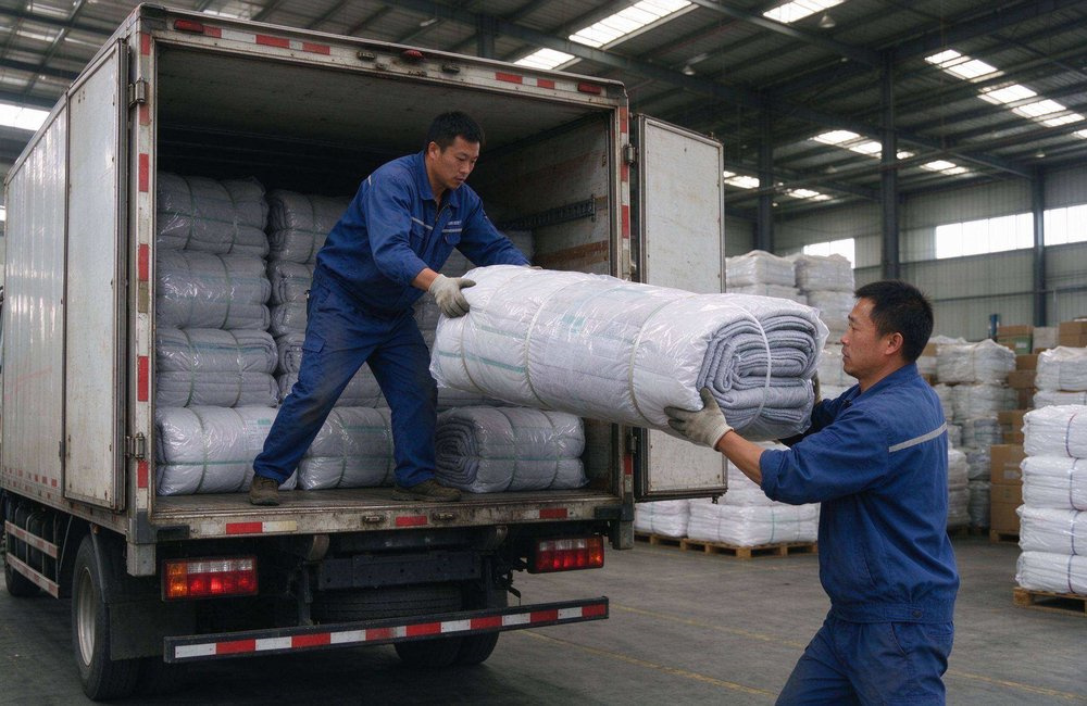 Compressed blanket bales wrapped in waterproof liner and strapped at a bright warehouse, showing relief goods packing for ocean freight