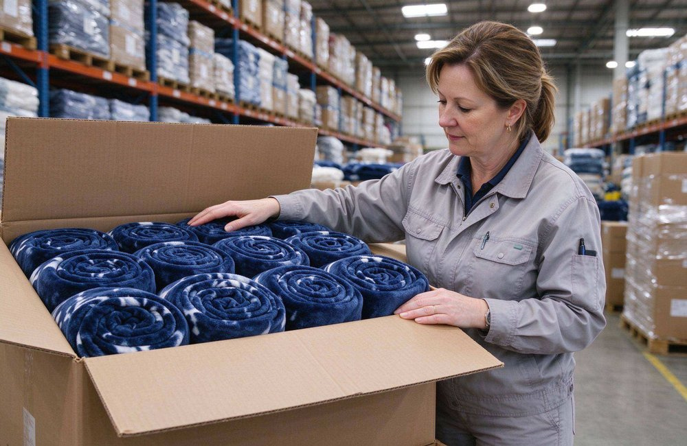 Bright warehouse delivery inspection with staff opening a carton of relief goods and checking contents against a packing list, showing quality control for bulk relief procurement delivery.