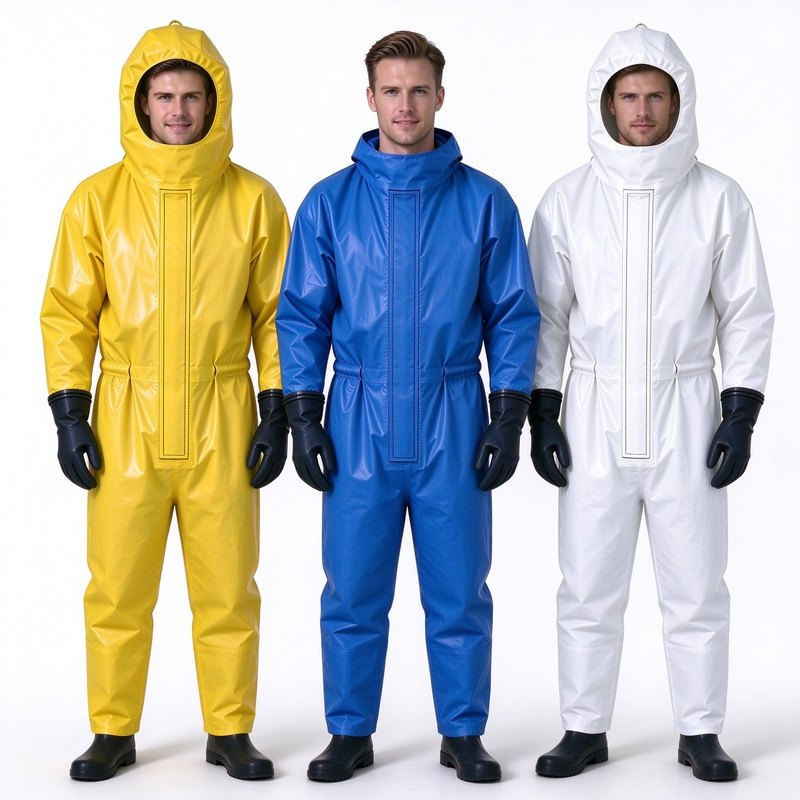 Three full body chemical protective coveralls in yellow, blue and white, fitted with rubber gloves and safety boots, heavy duty hazmat suits for hazard protection